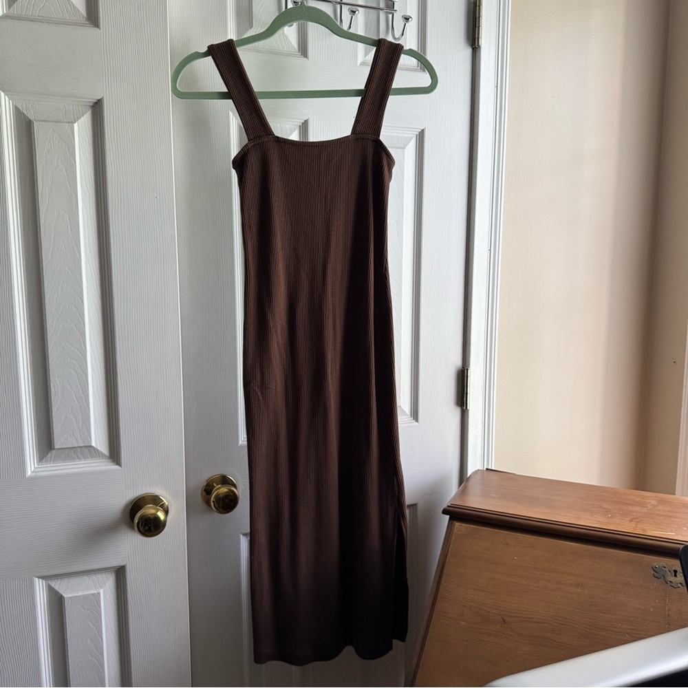 old navy classic brown ribbed long square neck bodycon dress